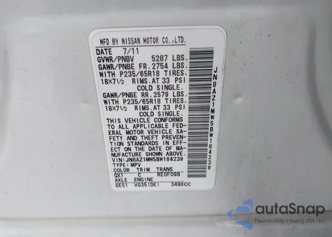 2011 Nissan Murano Sl z USA, uszkodzony, nr VIN JN8AZ1MW5BW184239